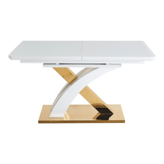 Обеденный раскладной стол GRANADA-G WHITE 140/1808576 (дизайнерский стол на фигурной ножке с золотым металлическим декором, раскладной полуавтоматический механизм с плавным выдвижением, столешница из матового стекла, вставка из матового стекла).