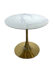Дизайнерский стол КАПЛЯ БЕЛЫЙ МРАМОР ГЛЯНЕЦ (круглый дизайнерский стол на одной ножке, столешница: белый глянцевый мрамор, золотая ножка металл)