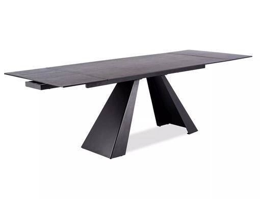 Masă de dining extensibilă SALVADORE, blat din sticlă securizată și ceramică italiană Anthracite, gri, cadru metalic negru mat, 77&times;90&times;180(260) cm