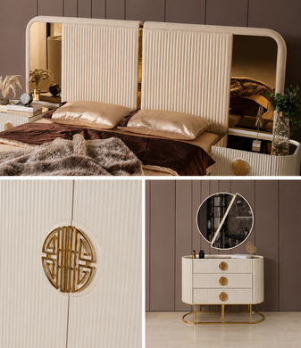 Set de dormitor GUCCI (Pat 180, dulap cu 6 uși, 2 noptiere, masă de toaletă cu oglindă, oglindă de podea și puf)