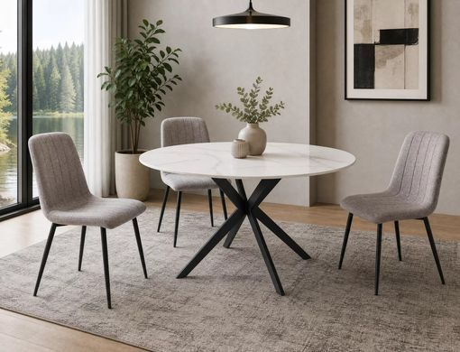 Masă de dining TALIA, blat din ceramică cu efect de marmură, alb mat, cadru metalic negru mat 76&times;90 см