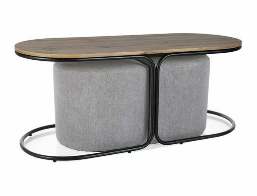 Set măsuță de cafea și 2 pufuri DUAL STEJAR ARTISAN cu NEGRU MAT (MDF FURNIR/METAL/TEXTIL) 120&times;50&times;49 cm