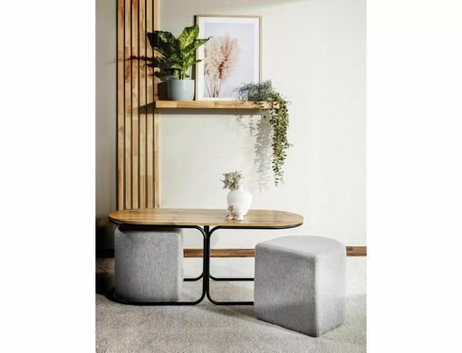 Set măsuță de cafea și 2 pufuri DUAL STEJAR ARTISAN cu NEGRU MAT (MDF FURNIR/METAL/TEXTIL) 120&times;50&times;49 cm