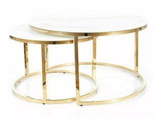Set măsuțe de cafea MUSE ALB EFECT DE MARMURĂ cu AURIU (STICLĂ SECURIZATĂ/OȚEL INOXIDABIL) 80&times;45/60&times;40 cm