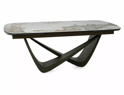 Masă de dining MARANELLO CERAMIC ALB LUCIOS cu CUPRU (STICLĂ SECURIZATĂ/CERAMICĂ PANDORO/METAL) 200(290)&times;98 cm