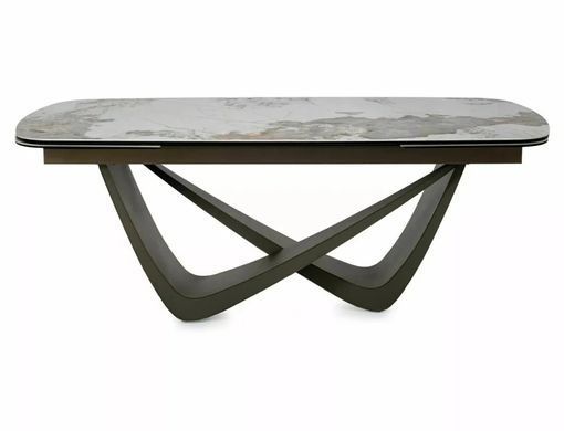 Masă de dining MARANELLO CERAMIC ALB LUCIOS cu CUPRU (STICLĂ SECURIZATĂ/CERAMICĂ PANDORO/METAL) 200(290)&times;98 cm