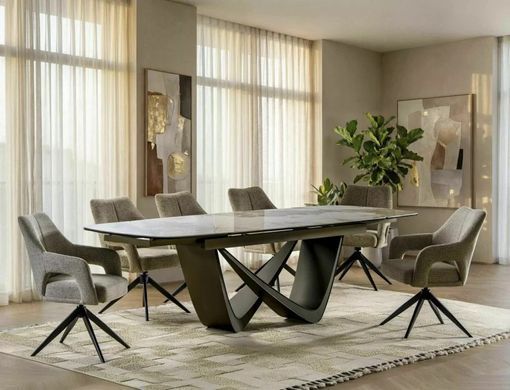 Masă de dining MARANELLO CERAMIC ALB LUCIOS cu CUPRU (STICLĂ SECURIZATĂ/CERAMICĂ PANDORO/METAL) 200(290)&times;98 cm