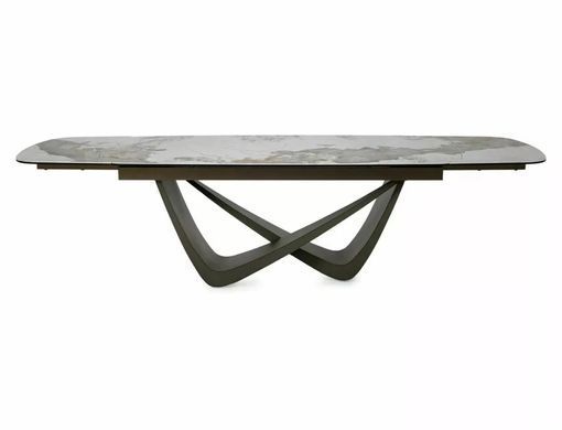 Masă de dining MARANELLO CERAMIC ALB LUCIOS cu CUPRU (STICLĂ SECURIZATĂ/CERAMICĂ PANDORO/METAL) 200(290)&times;98 cm