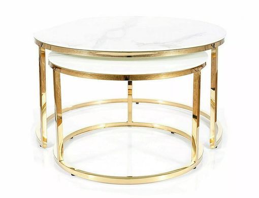 Set măsuțe de cafea MUSE ALB EFECT DE MARMURĂ cu AURIU (STICLĂ SECURIZATĂ/OȚEL INOXIDABIL) 80&times;45/60&times;40 cm