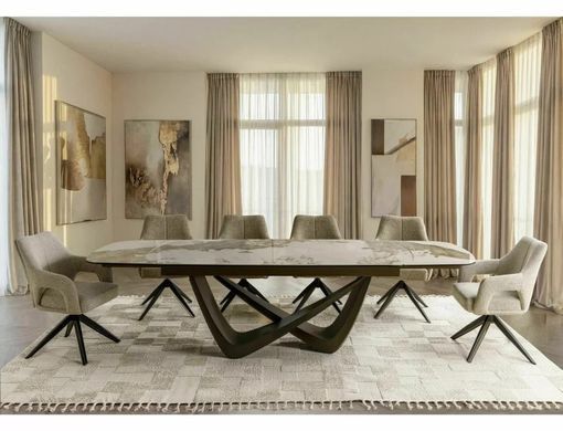 Masă de dining MARANELLO CERAMIC ALB LUCIOS cu CUPRU (STICLĂ SECURIZATĂ/CERAMICĂ PANDORO/METAL) 200(290)&times;98 cm