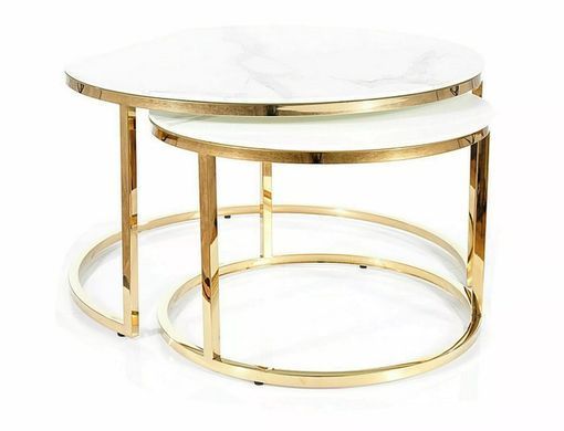 Set măsuțe de cafea MUSE ALB EFECT DE MARMURĂ cu AURIU (STICLĂ SECURIZATĂ/OȚEL INOXIDABIL) 80&times;45/60&times;40 cm