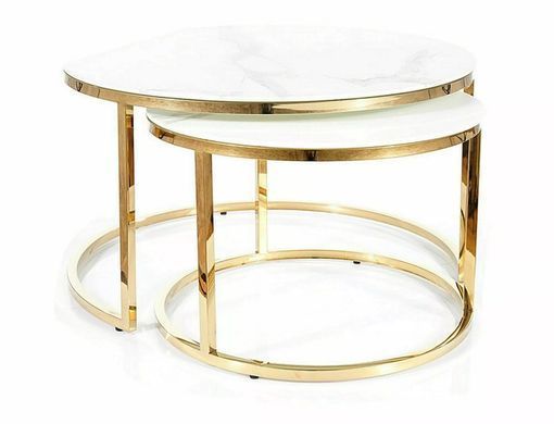 Set măsuțe de cafea MUSE II ALB EFECT DE MARMURĂ cu AURIU (STICLĂ SECURIZATĂ/OȚEL INOXIDABIL) 60&times;45/45&times;40 cm
