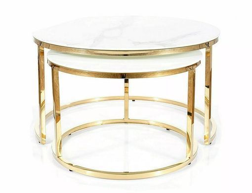 Set măsuțe de cafea MUSE II ALB EFECT DE MARMURĂ cu AURIU (STICLĂ SECURIZATĂ/OȚEL INOXIDABIL) 60&times;45/45&times;40 cm