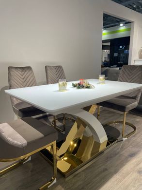 Extendable dining table GRANADA-G WHITE 140/1808576 (designer table with a decorative figurative gold metal leg, semi-automatic smooth opening extension mechanism, frosted glass tabletop, frosted glass insert).