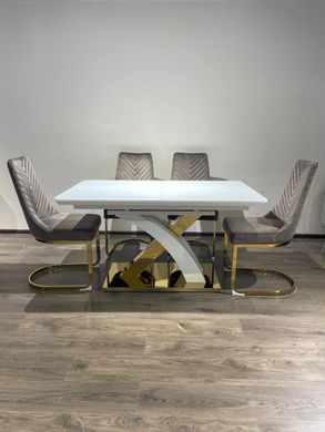 Extendable dining table GRANADA-G WHITE 140/1808576 (designer table with a decorative figurative gold metal leg, semi-automatic smooth opening extension mechanism, frosted glass tabletop, frosted glass insert).