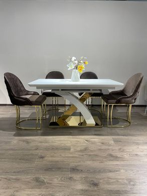 Extendable dining table GRANADA-G WHITE 140/1808576 (designer table with a decorative figurative gold metal leg, semi-automatic smooth opening extension mechanism, frosted glass tabletop, frosted glass insert).