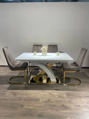 Extendable dining table GRANADA-G WHITE 140/1808576 (designer table with a decorative figurative gold metal leg, semi-automatic smooth opening extension mechanism, frosted glass tabletop, frosted glass insert).