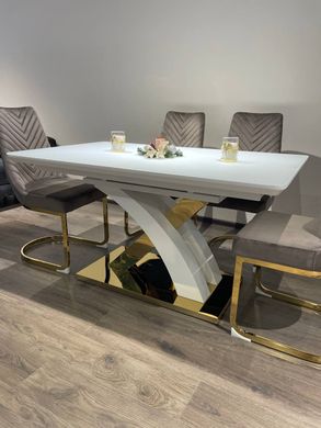 Extendable dining table GRANADA-G WHITE 140/1808576 (designer table with a decorative figurative gold metal leg, semi-automatic smooth opening extension mechanism, frosted glass tabletop, frosted glass insert).