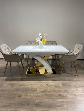 Extendable dining table GRANADA-G WHITE 140/1808576 (designer table with a decorative figurative gold metal leg, semi-automatic smooth opening extension mechanism, frosted glass tabletop, frosted glass insert).