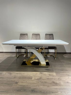 Extendable dining table GRANADA-G WHITE 140/1808576 (designer table with a decorative figurative gold metal leg, semi-automatic smooth opening extension mechanism, frosted glass tabletop, frosted glass insert).