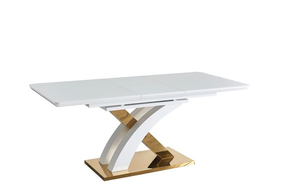 Extendable dining table GRANADA-G WHITE 140/1808576 (designer table with a decorative figurative gold metal leg, semi-automatic smooth opening extension mechanism, frosted glass tabletop, frosted glass insert).