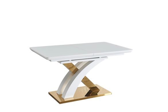 Extendable dining table GRANADA-G WHITE 140/1808576 (designer table with a decorative figurative gold metal leg, semi-automatic smooth opening extension mechanism, frosted glass tabletop, frosted glass insert).