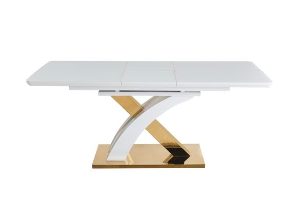 Extendable dining table GRANADA-G WHITE 140/1808576 (designer table with a decorative figurative gold metal leg, semi-automatic smooth opening extension mechanism, frosted glass tabletop, frosted glass insert).