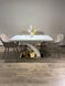 Extendable dining table GRANADA-G WHITE 140/1808576 (designer table with a decorative figurative gold metal leg, semi-automatic smooth opening extension mechanism, frosted glass tabletop, frosted glass insert).