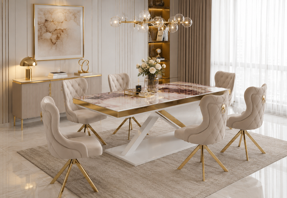 Dining table MILANO MILK + MARBLE 01 + GOLD 180/220/260*95*77 cm