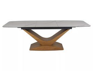 Masă de dining DOLCE CERAMIC ALB MAT cu STEJAR (STICLĂ SECURIZATĂ/CERAMICĂ/MDF) 180(240)&times;95 cm