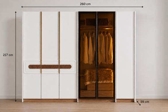 Set de dormitor BERLIN (Pat 180, dulap cu 6 uși, 2 noptiere, masă de toaletă și oglindă)