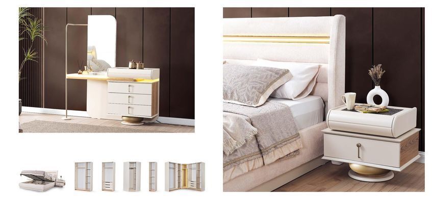 Set de dormitor BERLIN (Pat 180, dulap cu 6 uși, 2 noptiere, masă de toaletă și oglindă)