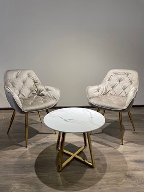 Scaun de design VENICE-G BEIGE CAPPUCCINO (Scaun de cină, tapițerie bej capuccino, picior curbat din metal aur)