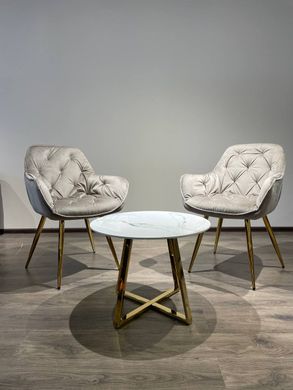 Scaun de design VENICE-G BEIGE CAPPUCCINO (Scaun de cină, tapițerie bej capuccino, picior curbat din metal aur)