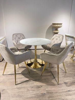 Scaun de design VENICE-G BEIGE CAPPUCCINO (Scaun de cină, tapițerie bej capuccino, picior curbat din metal aur)