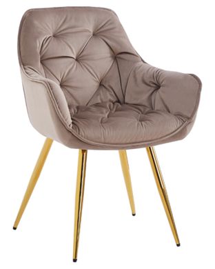 Scaun de design VENICE-G BEIGE CAPPUCCINO (Scaun de cină, tapițerie bej capuccino, picior curbat din metal aur)