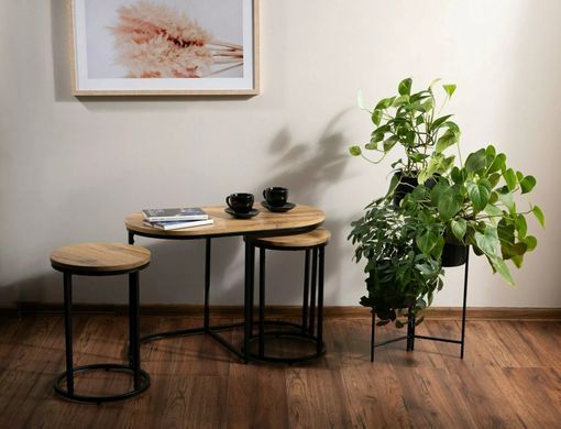 Set măsuțe de cafea TWIX STEJAR ARTISAN cu NEGRU MAT (MDF FURNIRUIT/METAL) 75&times;40&times;50/32&times;45 cm
