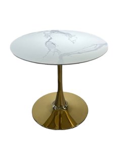 Designer table DROP WHITE GLOSSY MARBLE (round designer table with a single leg, top: white glossy marble, gold metal leg).