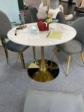 Designer table DROP WHITE GLOSSY MARBLE (round designer table with a single leg, top: white glossy marble, gold metal leg).