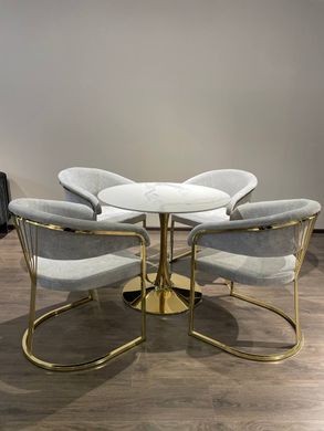 Designer table DROP WHITE GLOSSY MARBLE (round designer table with a single leg, top: white glossy marble, gold metal leg).