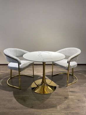 Designer table DROP WHITE GLOSSY MARBLE (round designer table with a single leg, top: white glossy marble, gold metal leg).