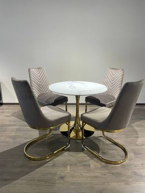 Designer table DROP WHITE GLOSSY MARBLE (round designer table with a single leg, top: white glossy marble, gold metal leg).