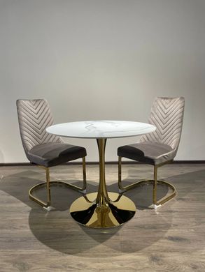 Designer table DROP WHITE GLOSSY MARBLE (round designer table with a single leg, top: white glossy marble, gold metal leg).