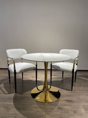 Designer table DROP WHITE GLOSSY MARBLE (round designer table with a single leg, top: white glossy marble, gold metal leg).