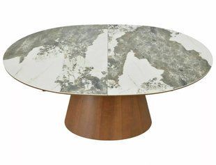 Masă de dining MAROCCO CERAMIC ALB LUCIOS cu NUC (MDF/CERAMICĂ PANDORO/MDF/FURNIR NATURAL) 160(200)&times;90 cm