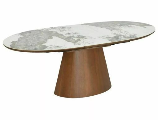 Masă de dining MAROCCO CERAMIC ALB LUCIOS cu NUC (MDF/CERAMICĂ PANDORO/MDF/FURNIR NATURAL) 160(200)&times;90 cm