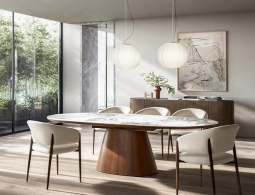 Masă de dining MAROCCO CERAMIC ALB LUCIOS cu NUC (MDF/CERAMICĂ PANDORO/MDF/FURNIR NATURAL) 160(200)&times;90 cm
