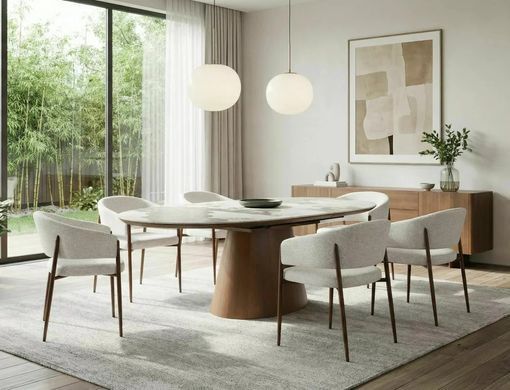 Masă de dining MAROCCO CERAMIC ALB LUCIOS cu NUC (MDF/CERAMICĂ PANDORO/MDF/FURNIR NATURAL) 160(200)&times;90 cm