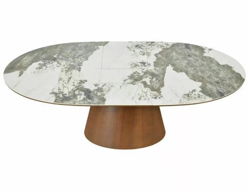 Masă de dining MAROCCO CERAMIC ALB LUCIOS cu NUC (MDF/CERAMICĂ PANDORO/MDF/FURNIR NATURAL) 160(200)&times;90 cm