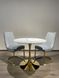 Designer table DROP WHITE GLOSSY MARBLE (round designer table with a single leg, top: white glossy marble, gold metal leg).